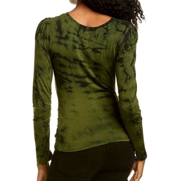 KENDALL + KYLIE Marbled Ruched Fitted Long Sleeve Shirt Top Green XS Women NEW - Picture 2 of 5